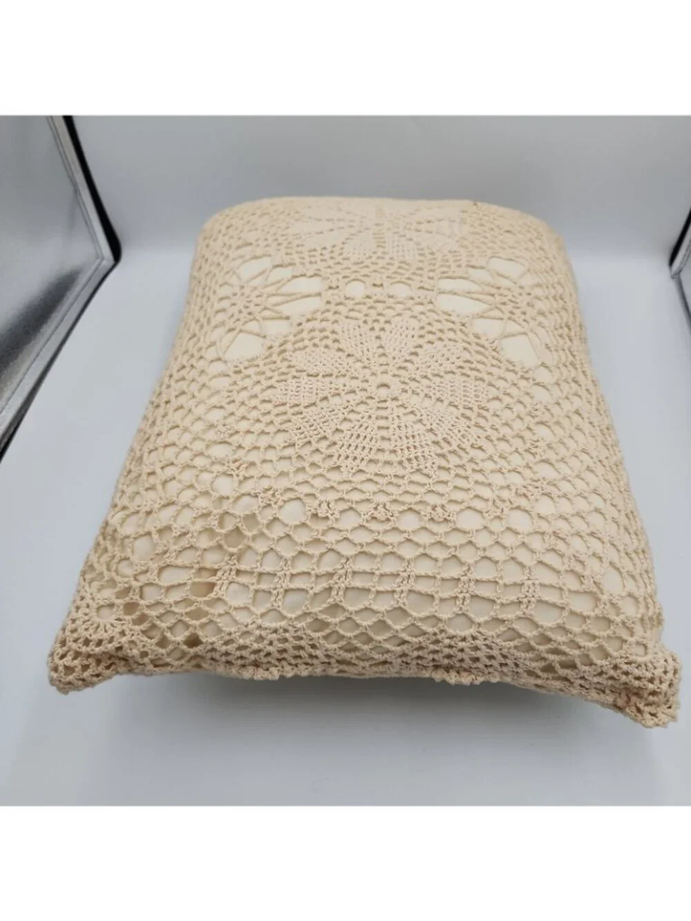 Vintage cotton Satin Crochet Lace Pillow Home Decor Ivory 18x12